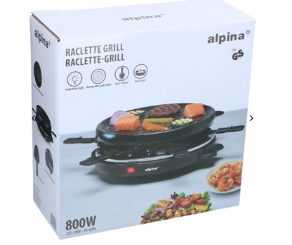 Grill Raclette Alpina – 800W, 8 poêlons, plaque réversible