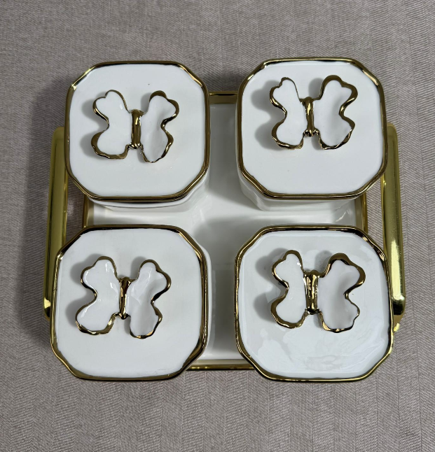 Set de Coupelles de Service Papillon avec Plateau – Blanc & Doré