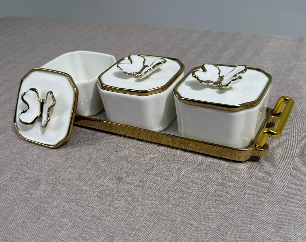 Set de Coupelles de Service Papillon avec Plateau – Blanc & Doré
