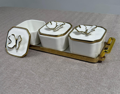 Set de Coupelles de Service Papillon avec Plateau – Blanc & Doré