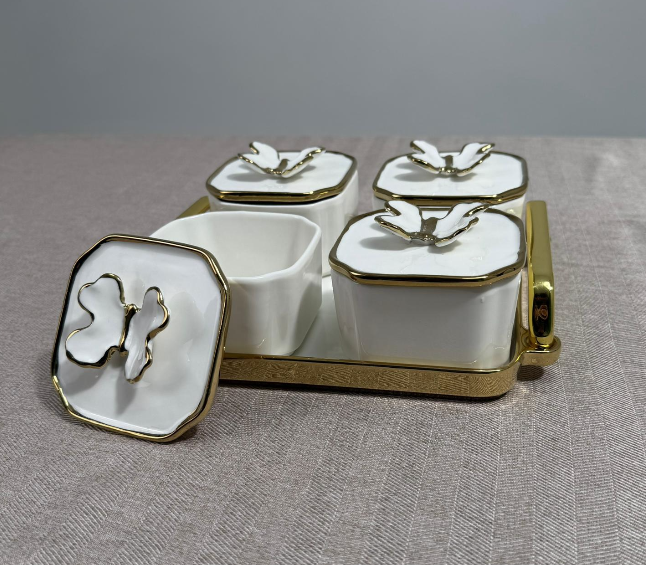 Set de Coupelles de Service Papillon avec Plateau – Blanc & Doré