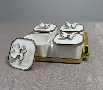 Set de Coupelles de Service Papillon avec Plateau – Blanc & Doré