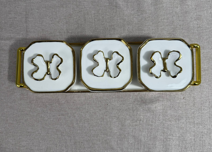 Set de Coupelles de Service Papillon avec Plateau – Blanc & Doré