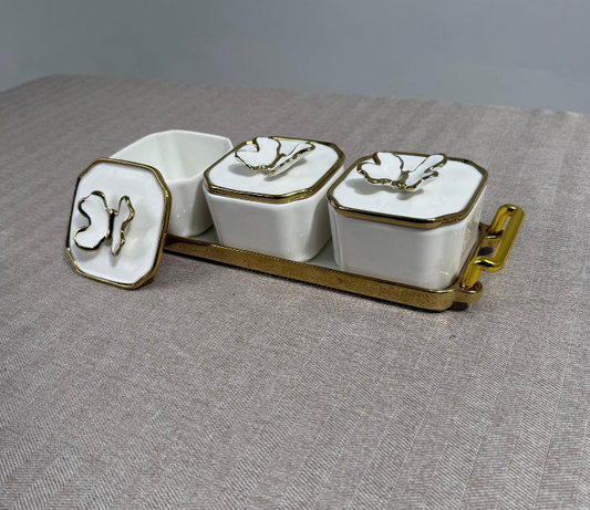 Set de Coupelles de Service Papillon avec Plateau – Blanc & Doré
