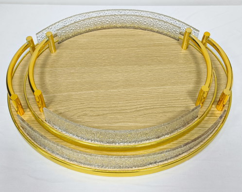 Set de Plateaux Ronds de Service – Cadre Doré & Effet Bois – 2 Pièces