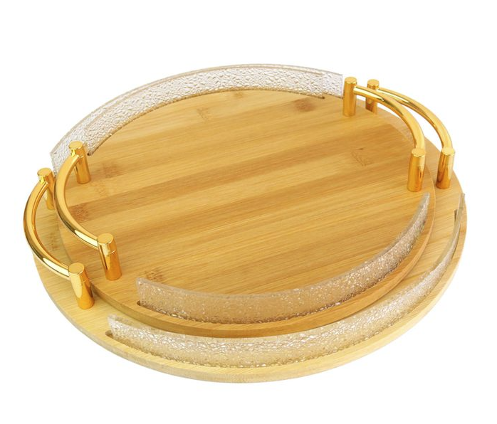 Set de Plateaux Ronds de Service – Cadre Doré & Effet Bois – 2 Pièces