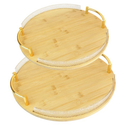 Set de Plateaux Ronds de Service – Cadre Doré & Effet Bois – 2 Pièces
