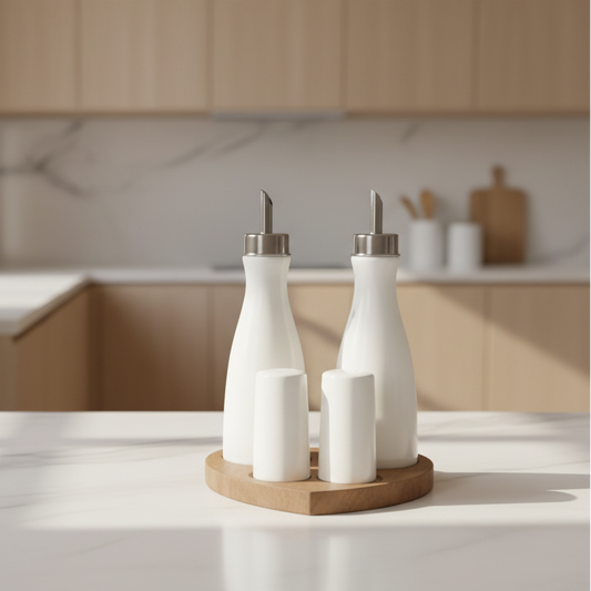 Set huile et vinaigre avec salière et poivrière sur support en bois