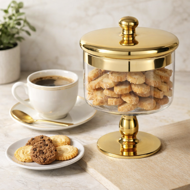 Danny Home Bocal en Verre Décoratif – Bonbonnière Élégante avec Couvercle Doré