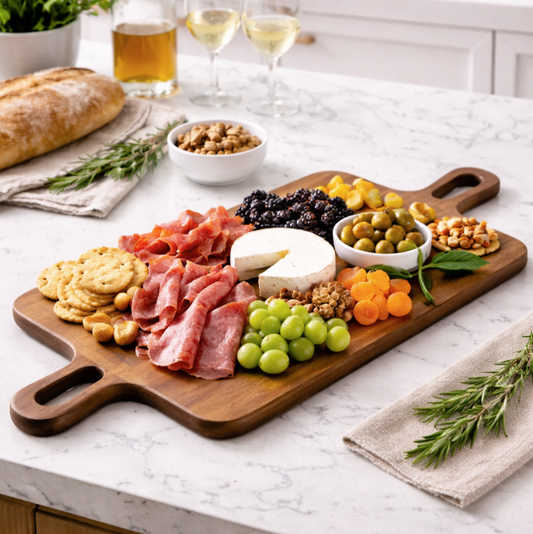 Danny Home Planche de Service en Bois d’Acacia – Plateau de Présentation avec Poignées 65x30x1.4cm