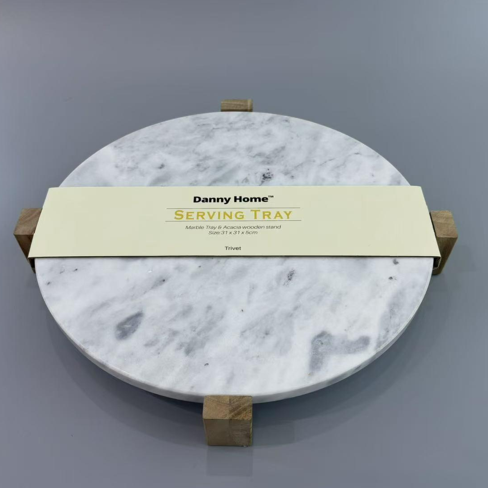 Danny Home Mermer Yuvarlak Servis Tabağı – Ahşap Standlı Nihale 31x31x5cm Ürün ikincil görseli