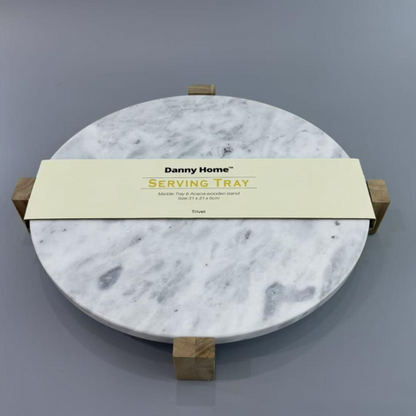 Danny Home Plateau de Service Rond en Marbre – Dessous de Plat avec Support en Bois 31x31x5cm