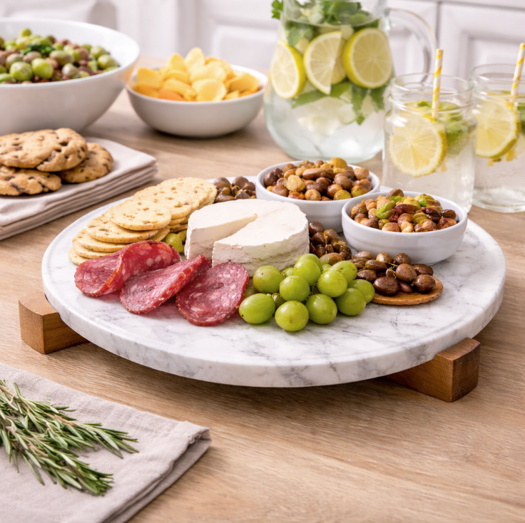 Danny Home Plateau de Service Rond en Marbre – Dessous de Plat avec Support en Bois 31x31x5cm