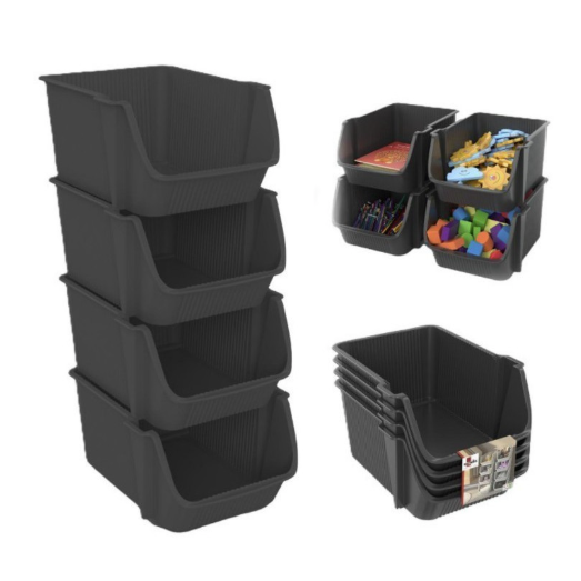 Tour de Rangement en PVC Gris Anthracite – 4 Bacs Amovibles Empilables
