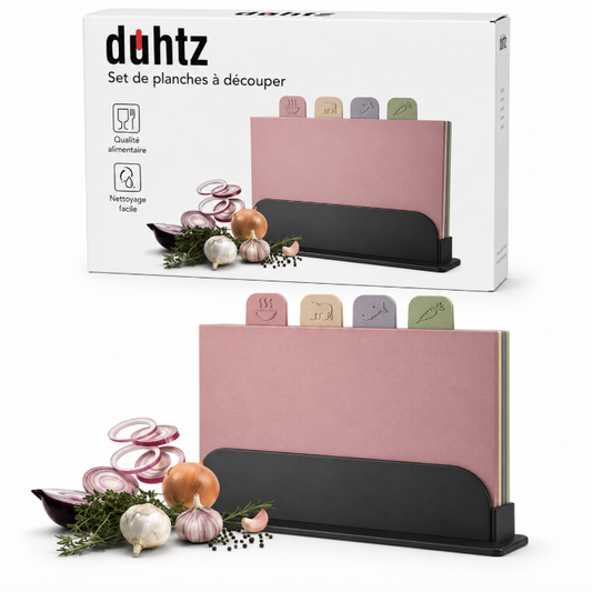DUHTZ Set de 4 Planches à Découper avec Support – 30 × 20 cm