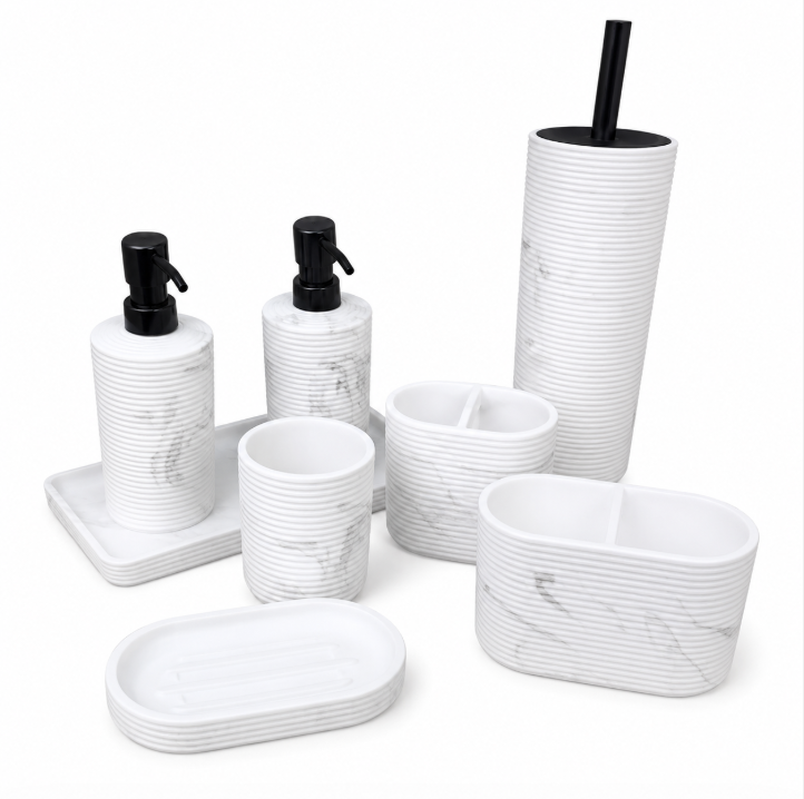 Set d'Accessoires de Salle de Bain Effet Marbre Blanc – 6 Pièces
