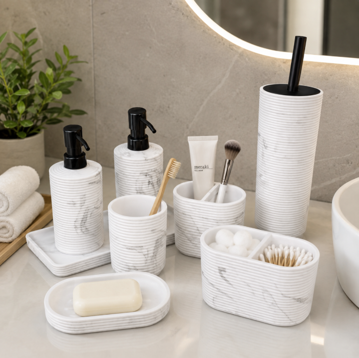 Set d'Accessoires de Salle de Bain Effet Marbre Blanc – 6 Pièces