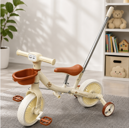Tricycle Évolutif Enfant avec Canne Parentale et Panier – Beige