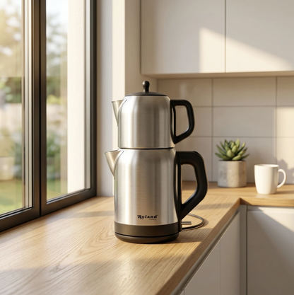 Roland Germany Théière Électrique en Acier Inoxydable – 2200 W – Bouilloire 1,7 L + Théière 1 L