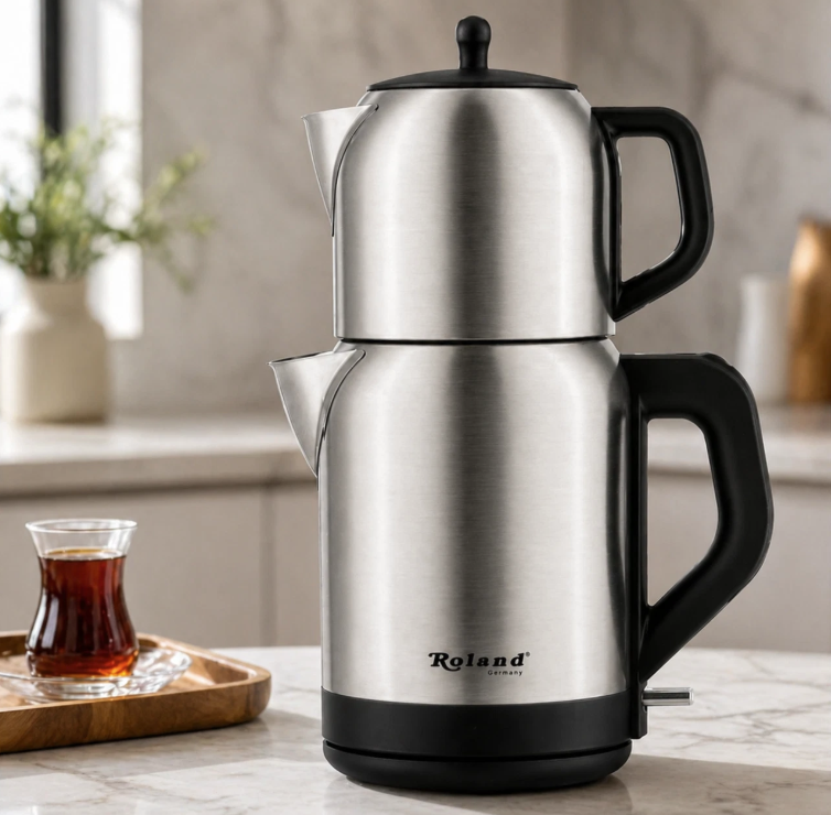 Roland Germany Théière Électrique en Acier Inoxydable – 2200 W – Bouilloire 1,7 L + Théière 1 L