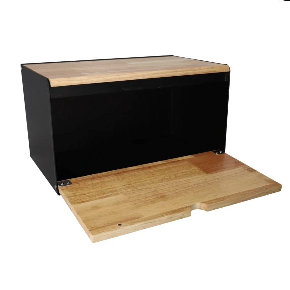DANNY HOME – Boîte à Pain Noire en Acier Inoxydable et Bois – 35,6 × 21,7 × 20,9 cm