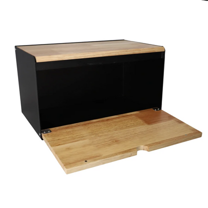 DANNY HOME – Boîte à Pain Noire en Acier Inoxydable et Bois – 35,6 × 21,7 × 20,9 cm