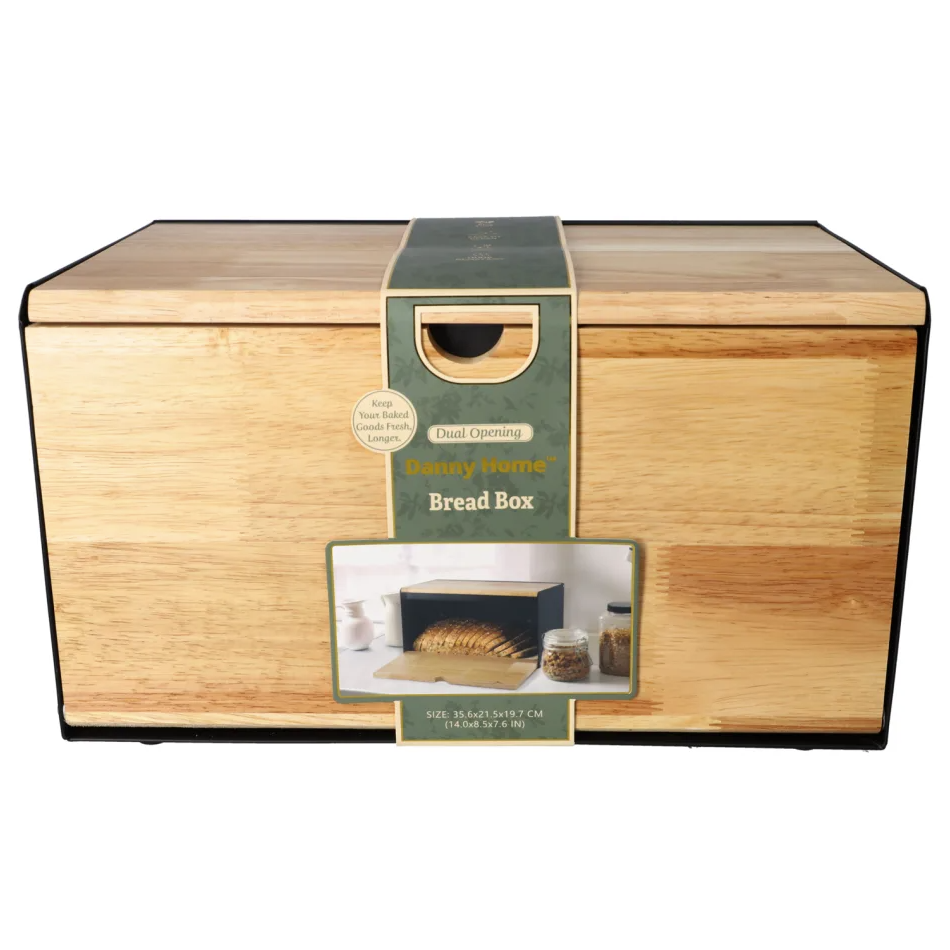 DANNY HOME – Boîte à Pain Noire en Acier Inoxydable et Bois – 35,6 × 21,7 × 20,9 cm