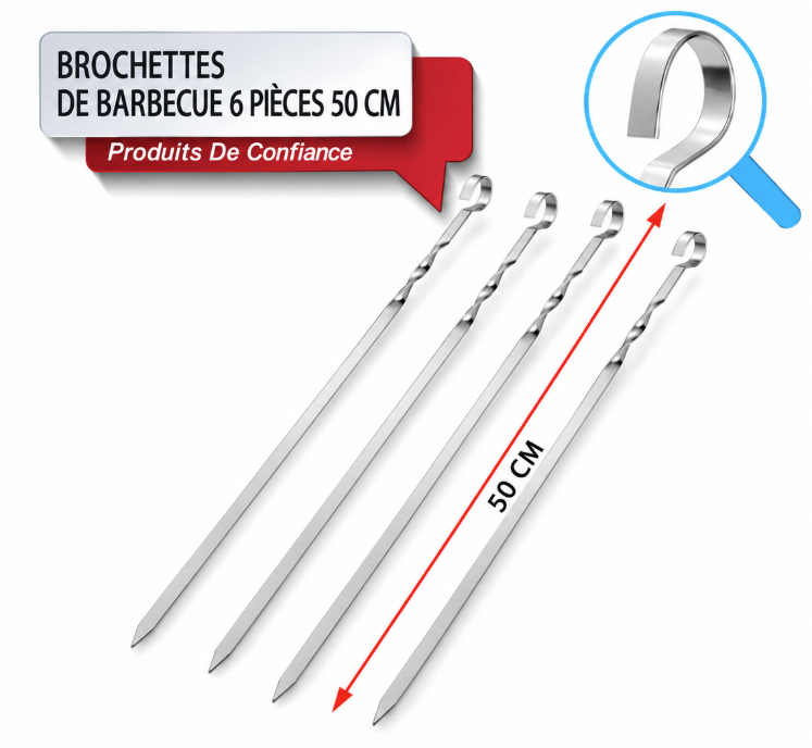 FAMILY Set De 6 Brochettes Pour Barbecue En Acier Inoxydable, 50 Cm