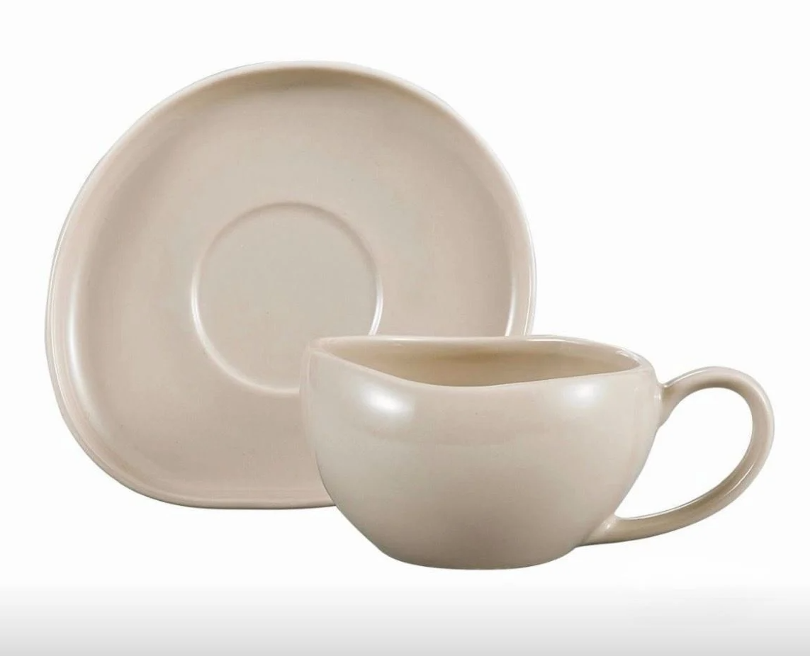ALMINA WAVE BISCUIT – Service À Café Pour 6 Personnes, 12 Pièces : 6 Tasses (220 Ml) Et 6 Soucoupes Asymétriques