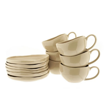 ALMINA WAVE BISCUIT – Service À Café Pour 6 Personnes, 12 Pièces : 6 Tasses (220 Ml) Et 6 Soucoupes Asymétriques