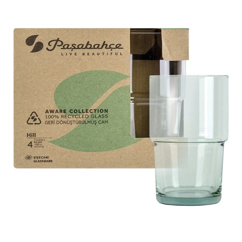 PASABAHÇE AWARE HILL – Set De 4 Verres Highball Empilables En Verre Recyclé Vert, 440 Ml