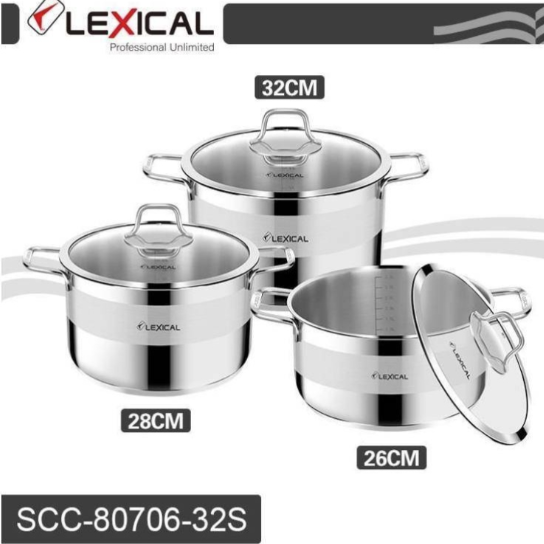 LEXICAL PRIMAL SERIES – Batterie De Cuisine En Acier Inoxydable Avec Couvercles, 6 Pièces, 26 / 28 / 32 Cm