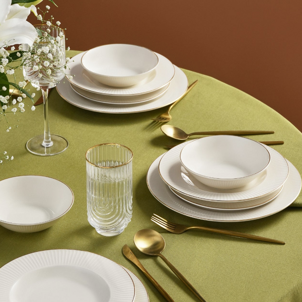 KARACA STREAM BONE CHINA MASSIMO – Service De Table Avec Détails Dorés Pour 6 Personnes, 24 Pièces
