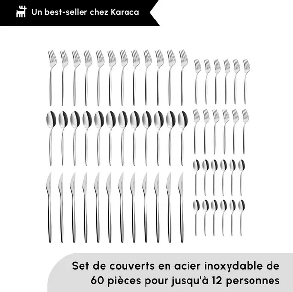 KARACA LIZBON – Ménagère En Acier Inoxydable Pour 12 Personnes, 60 Pièces, Finition Platine