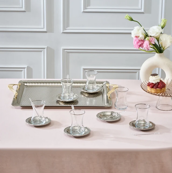 KARACA NEHİR – Service À Thé, 19 Pièces : Plateau 52 × 32 Cm, Verres À Thé 130 Ml Et Cuillères À Thé