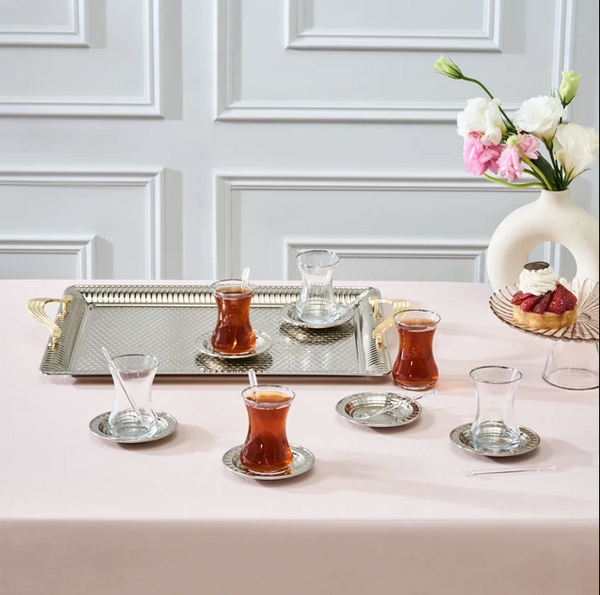 KARACA NEHİR – Service À Thé, 19 Pièces : Plateau 52 × 32 Cm, Verres À Thé 130 Ml Et Cuillères À Thé