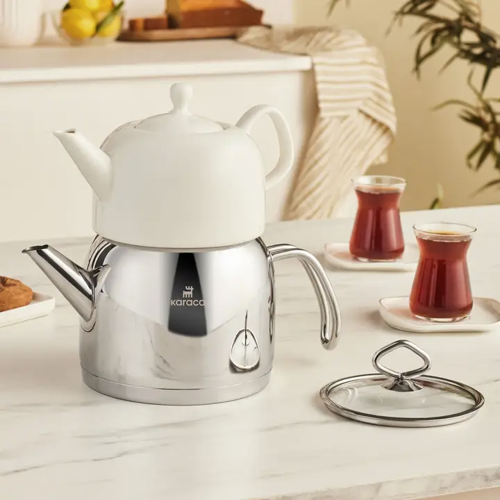 KARACA POCELINOX – Service À Thé En Porcelaine, Théière Inférieure 1 L Et Théière Supérieure 2 L