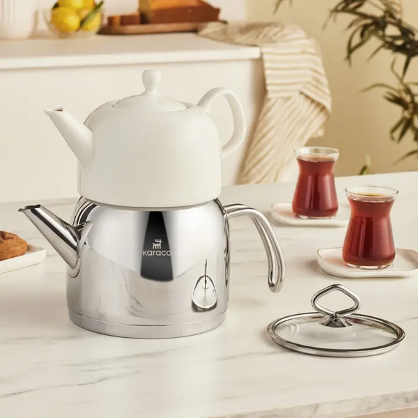 KARACA POCELINOX – Service À Thé En Porcelaine, Théière Inférieure 1 L Et Théière Supérieure 2 L