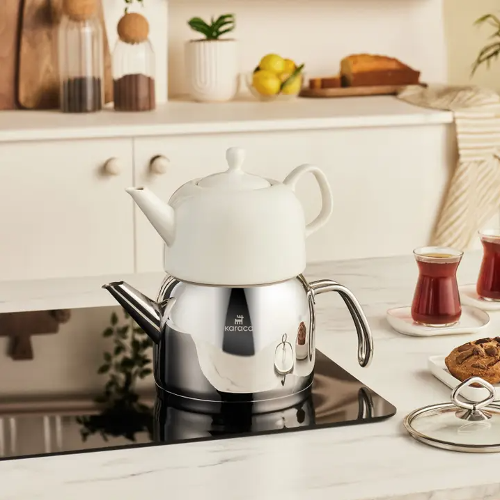 KARACA POCELINOX – Service À Thé En Porcelaine, Théière Inférieure 1 L Et Théière Supérieure 2 L