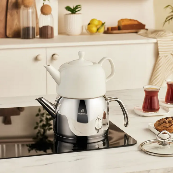 KARACA POCELINOX – Service À Thé En Porcelaine, Théière Inférieure 1 L Et Théière Supérieure 2 L