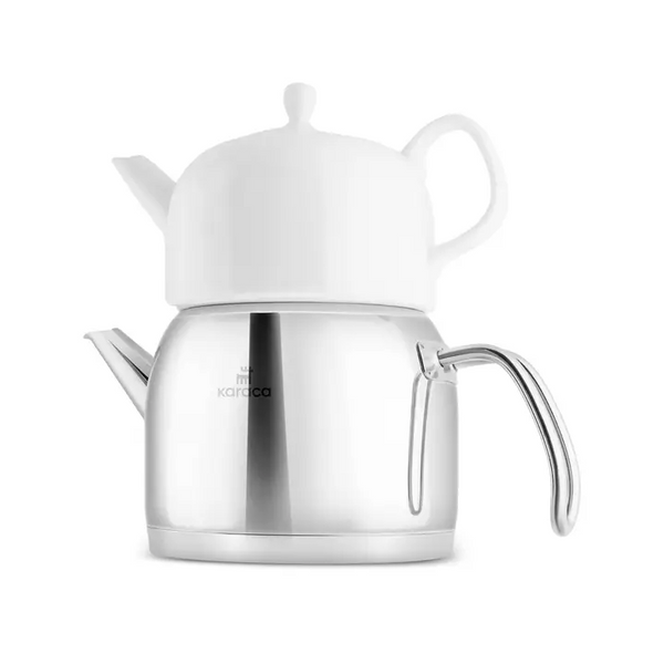 KARACA POCELINOX – Service À Thé En Porcelaine, Théière Inférieure 1 L Et Théière Supérieure 2 L