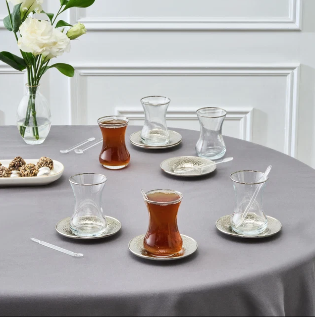 KARACA ADA – Service À Thé Turc Pour 6 Personnes, 18 Pièces, 130 Ml, Finition Platine
