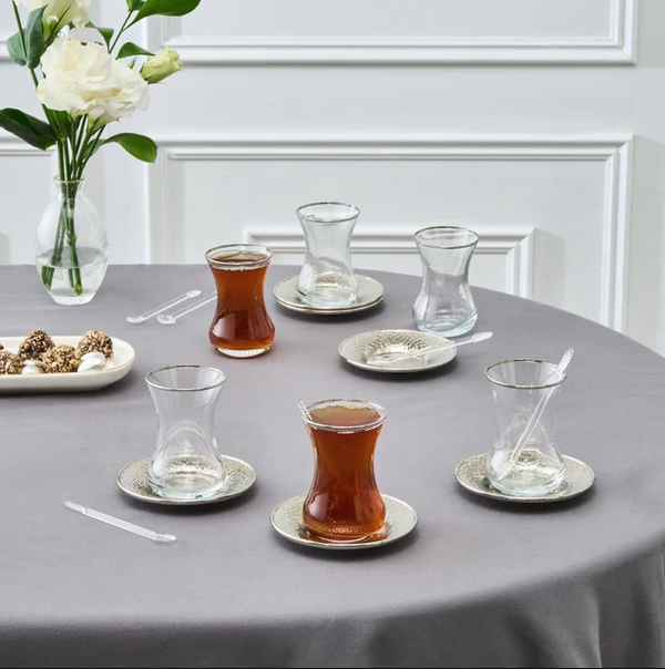 KARACA ADA – Service À Thé Turc Pour 6 Personnes, 18 Pièces, 130 Ml, Finition Platine