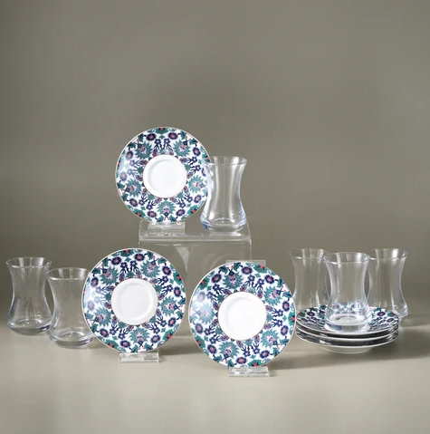 KARACA EDIRNE – Service À Thé Turc Pour 6 Personnes, 12 Pièces : 6 Verres À Thé (130 Ml) Et 6 Soucoupes En New Bone, Multicolore