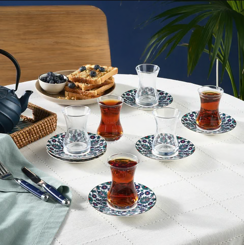 KARACA EDIRNE – Service À Thé Turc Pour 6 Personnes, 12 Pièces : 6 Verres À Thé (130 Ml) Et 6 Soucoupes En New Bone, Multicolore