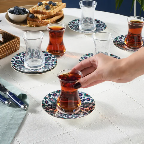 KARACA EDIRNE – Service À Thé Turc Pour 6 Personnes, 12 Pièces : 6 Verres À Thé (130 Ml) Et 6 Soucoupes En New Bone, Multicolore