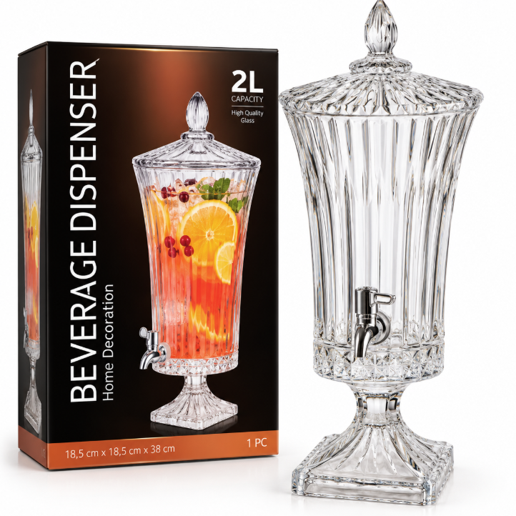 Distributeur de Boissons en Verre avec Robinet et Couvercle – Transparent-2L