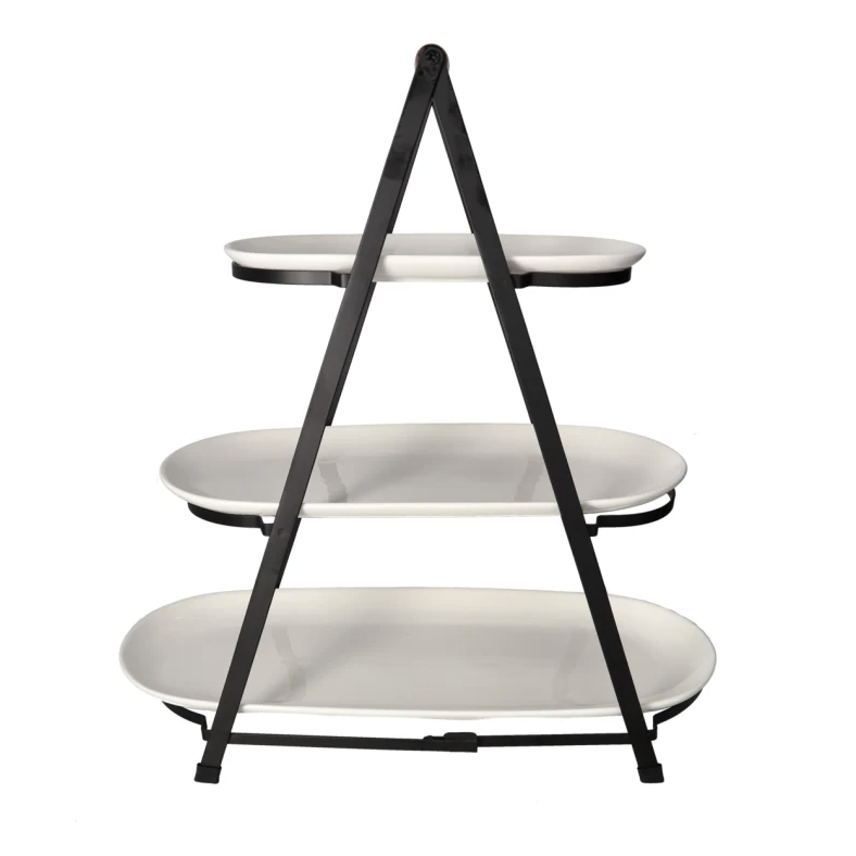 DANNY HOME – Présentoir De Service À 3 Niveaux Avec 3 Plateaux En Céramique, Bois D’Acacia Et Acier Inoxydable, 4 Pièces