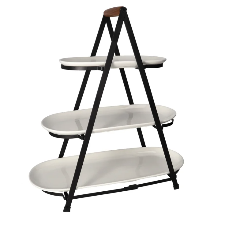 DANNY HOME – Présentoir De Service À 3 Niveaux Avec 3 Plateaux En Céramique, Bois D’Acacia Et Acier Inoxydable, 4 Pièces