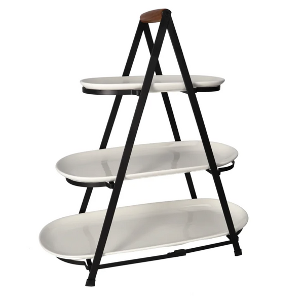 DANNY HOME – Présentoir De Service À 3 Niveaux Avec 3 Plateaux En Céramique, Bois D’Acacia Et Acier Inoxydable, 4 Pièces